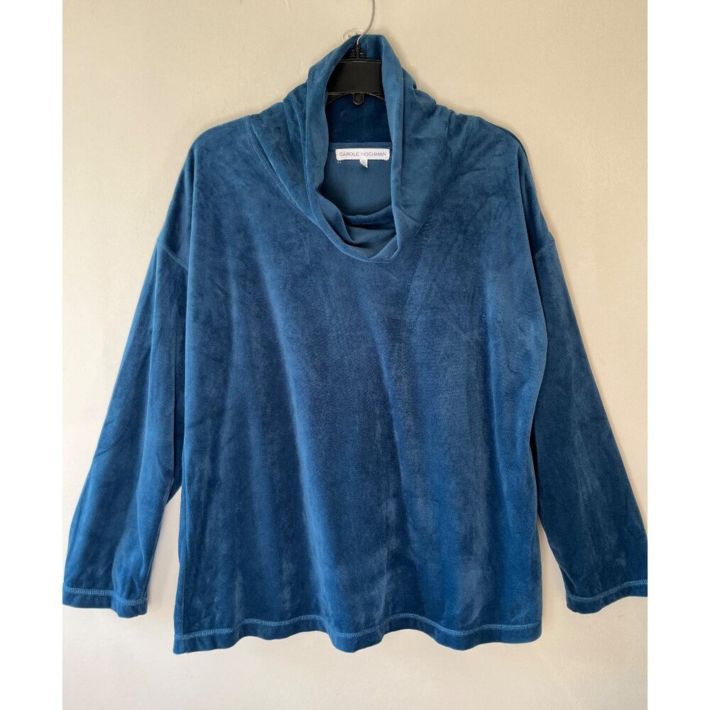 Carole Hochman Sz M Oversized Blue Velour‎ Cowlneck Fleece Stretch Blouse